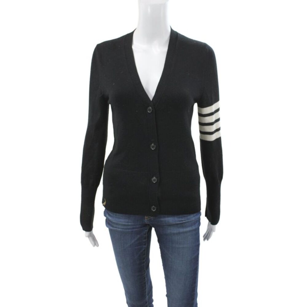 Thom Browne Unisex Black Merino Wool V-Neck Graphic Cardigan Button Size 40